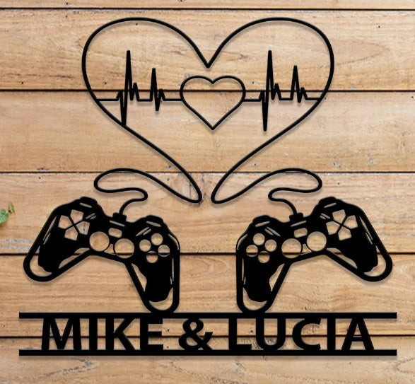 Gaming Couple Love Metal Wall Art – Personalized Names & Heartbeat Controller Decor